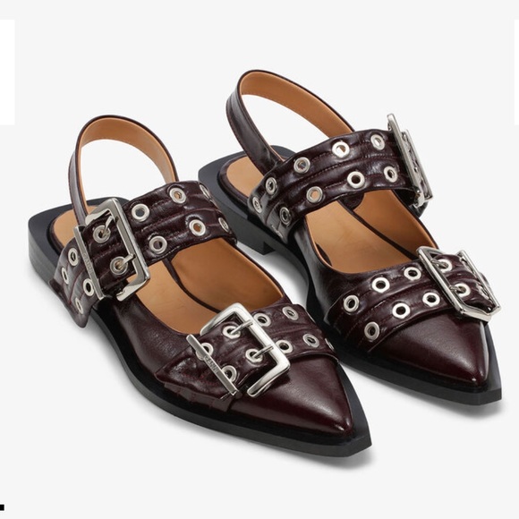 Ganni Feminine Buckle Ballerinas - Burgundy | Garmentory Ganni feminine buckle ballerinas in burgundy
